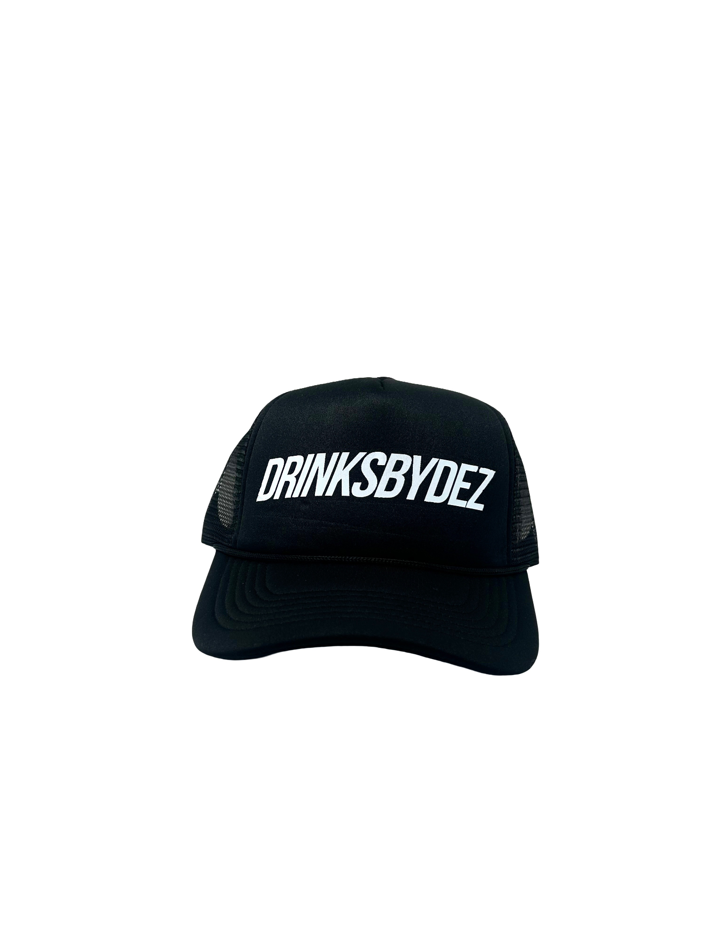 DRINKSBYDEZ black trucker hat front view
