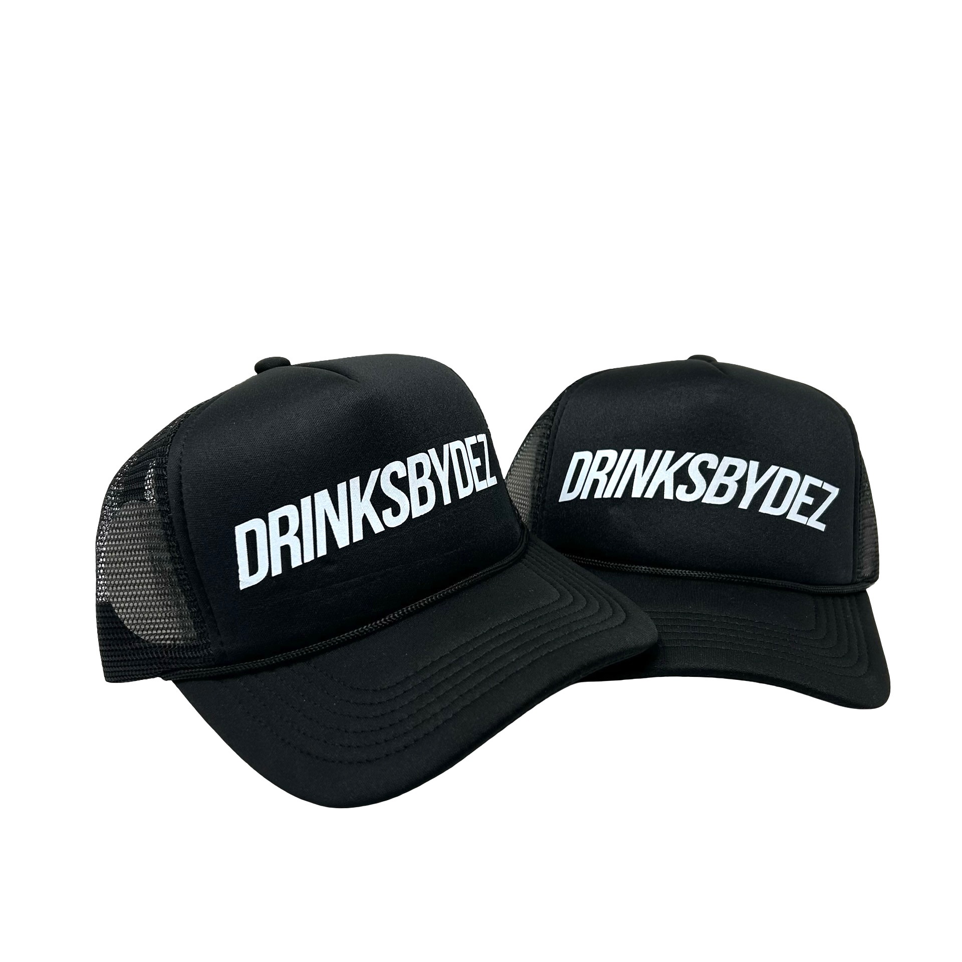 Two DRINKSBYDEZ trucker hats